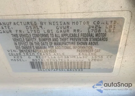 2019 Nissan Versa 1.6 Sv from USA, damaged, VIN 3N1CN7AP5KL881533